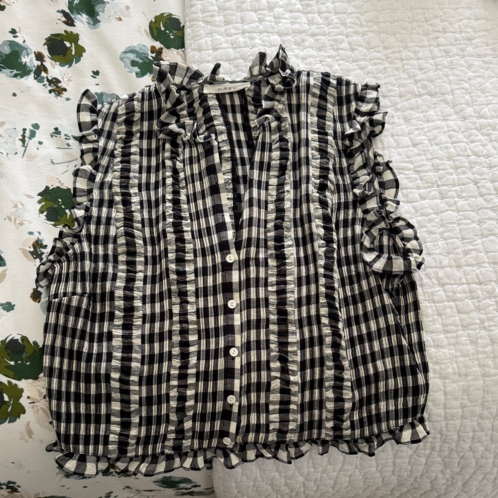 Doen Black and White Ruffled Plaid Top small